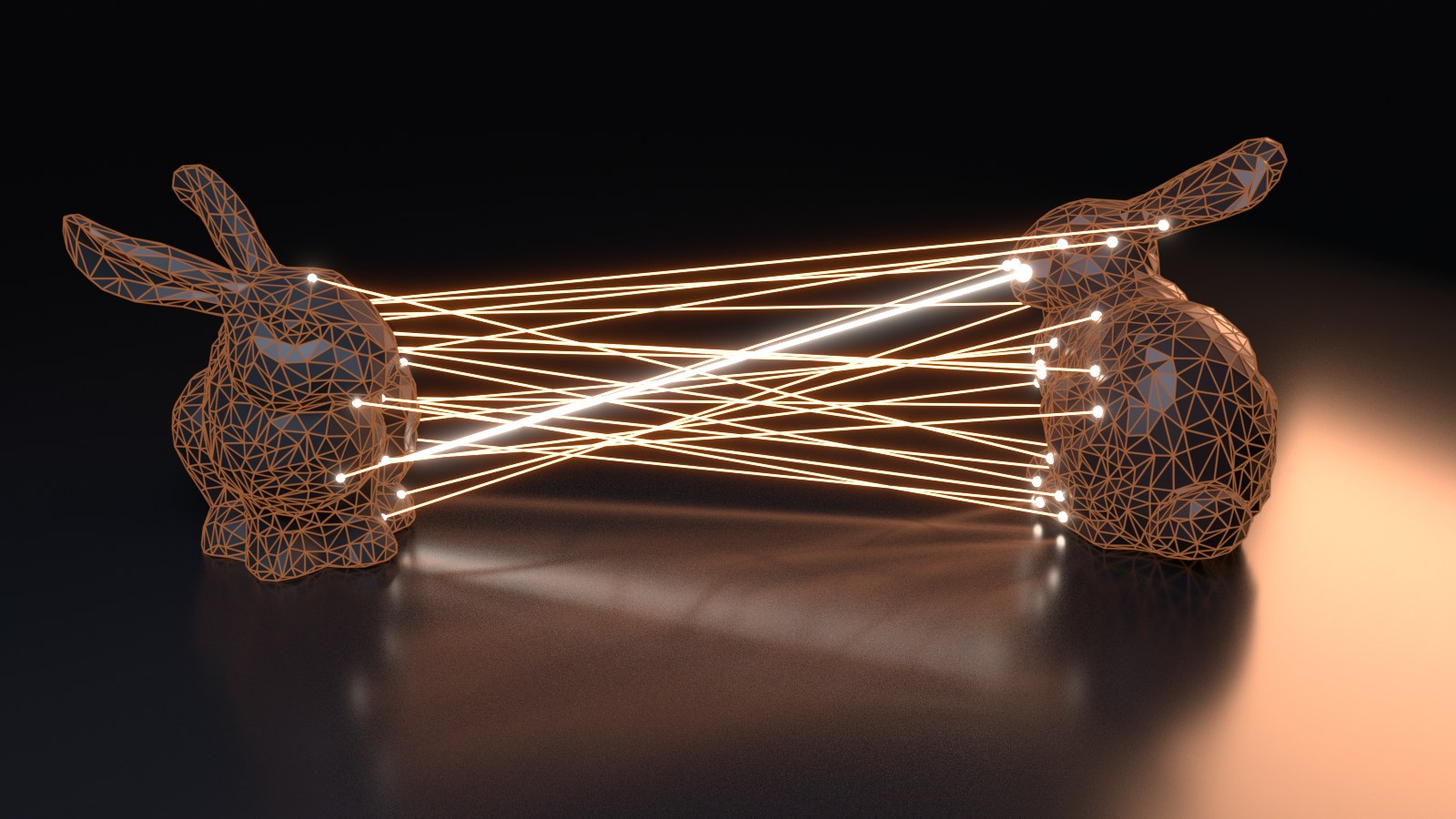 Rays travelling from one triangle-mesh bunny to another, each stopping where it hits the second surface